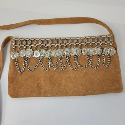 Bandolera Express Gamuza Marrón Plata Moneda Borla Adorno Bohemio Y2K Foto 1 de 4