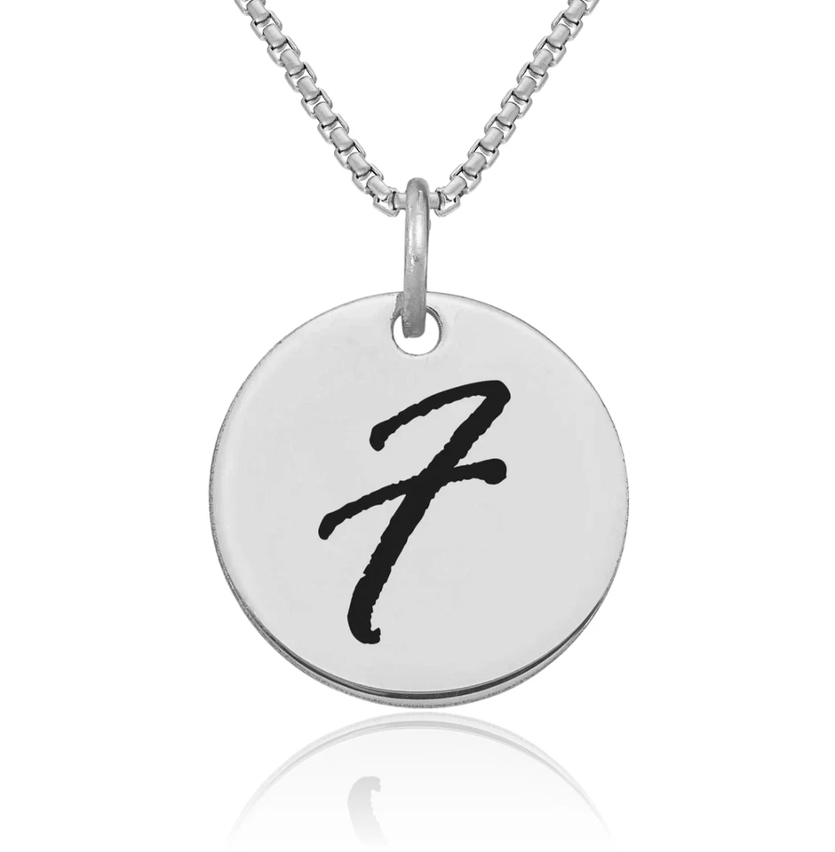 14K Solid White Gold Black Letter F Initial Disk Necklace - Image 1 of 1