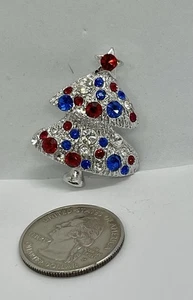 Broche de árbol de Navidad vintage patriótico rojo blanco y azul estrás tono plateado - Imagen 1 de 7