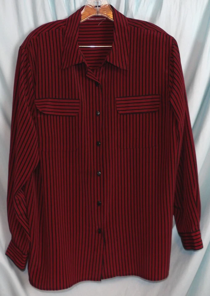 Red Black Striped Collared Long Sleeve Button Up Women's Size 2X - Image 1 of 4