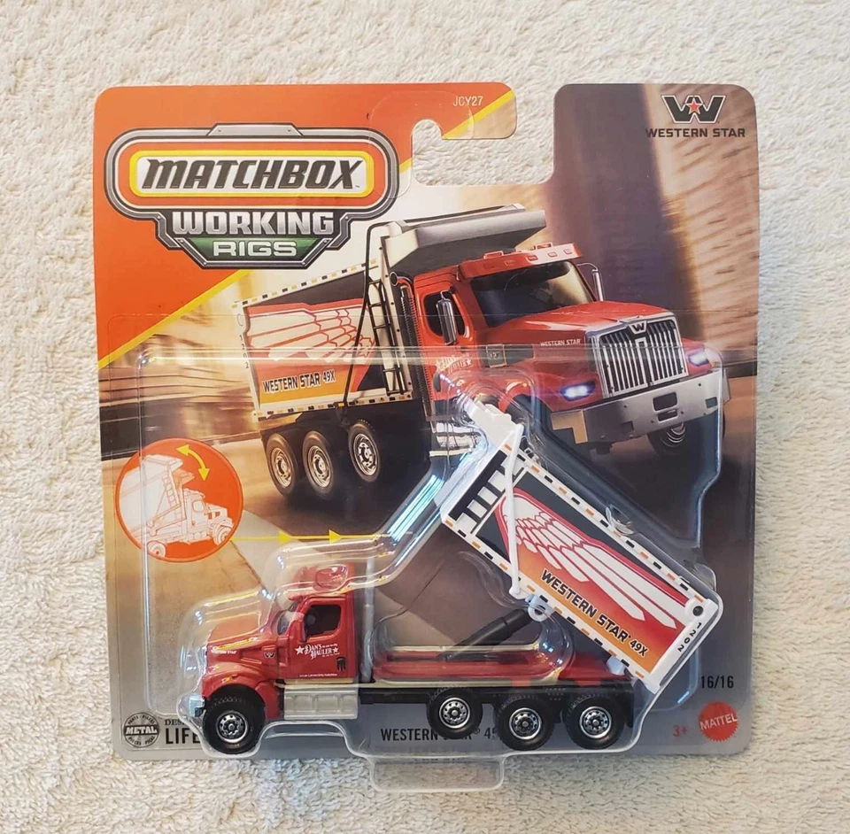Matchbox 2025 Western Star 49X, rojo, comercial, camión volquete, plataformas de trabajo Foto 1 de 4