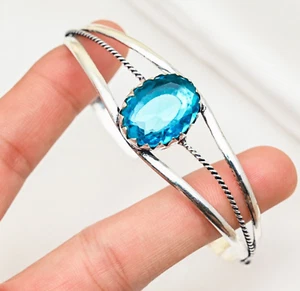 Dainty Blue Topaz Bracelet Gemstone 925 Sterling Silver Handmade Jewelry For Her - Picture 1 of 3