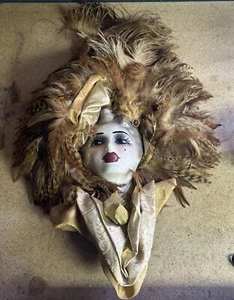 Signed Porcelain Lady Face Mask Feathers Wall Hanging Brown Feathers Gold - Picture 1 of 9
