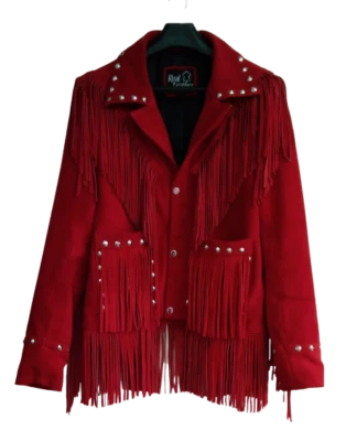 Women Red Suede Leather Western Style Jacket With Fringes - Image 1 of 4