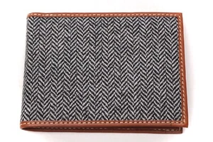 Mens Handmade Bifold Wallet Italian Leather Tweed Gray Herringbone Gift for Him - Picture 1 of 10