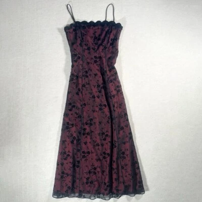 Vintage Betsy Adam Prom Dress Maxi Gown Goth Floral 90s Y2K Velvet Red Black 8P - Image 1 of 4