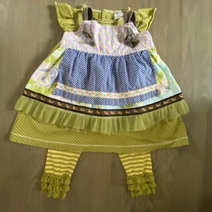 Matilda Jane 3 Pcs Set Stretch Cotton Top Dress With Apron & Leggins Sz 3-5 yo - Picture 1 of 9