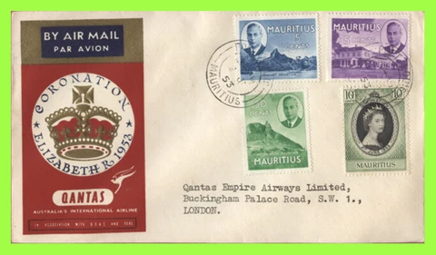 Mauritius 1953 Qantas Coronation Flight Cover to London Cover