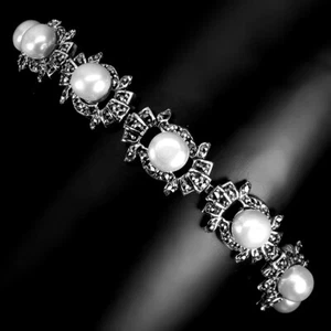 Summer 925 Silver Bracelet Round Pearl 6mm Marcasite Gemstone Jewelry 7 Inches - Picture 1 of 9
