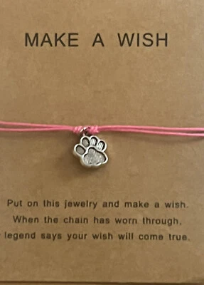 Dog Paw Print Charm Bracelet/ Anklet Pink Rope & Make A Wish Card - Изображение 1 из 2