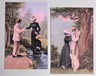 Vintage Romantic postcards c1910: Crossing stream, engraving hearts on tree. 