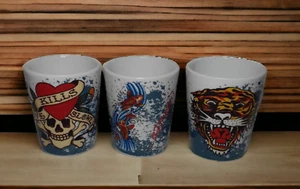 3 Ed Hardy Skull Fish Tiger Shot Glasses  LOVE KILLS SLOWLY  2 oz Each - Picture 1 of 18