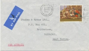 GB 1968 Navidad (Pinturas) 1sh6d raro franqueo único correo aéreo cubierta a BARBADOS - Imagen 1 de 1