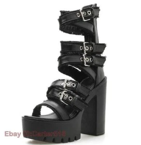 Damen High Blockabsatz Kunstleder Plateau Sandalen Freizeit College Römer Schuhe - Bild 1 von 12