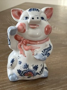 Ceramic Porcelain Floral Lucky Pig Piggy Bank  5.75" Beckoning No Stopper Japan - Picture 1 of 18