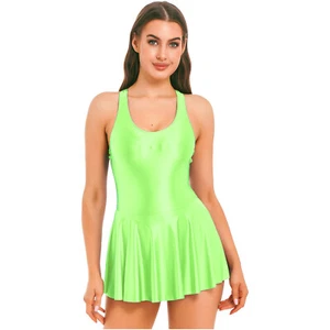 Women's Oil Glossy Dress Slim Fit Sports Skater Leotard Dresses Shiny Swimsuit - Bild 1 von 70