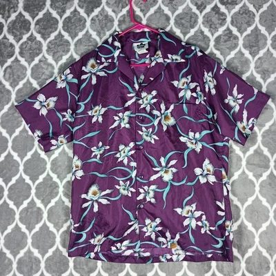 Vintage Hilo Hattie Shirt Men Large Purple Hawaiian Floral Aloha Orchids USA - Image 1 of 4