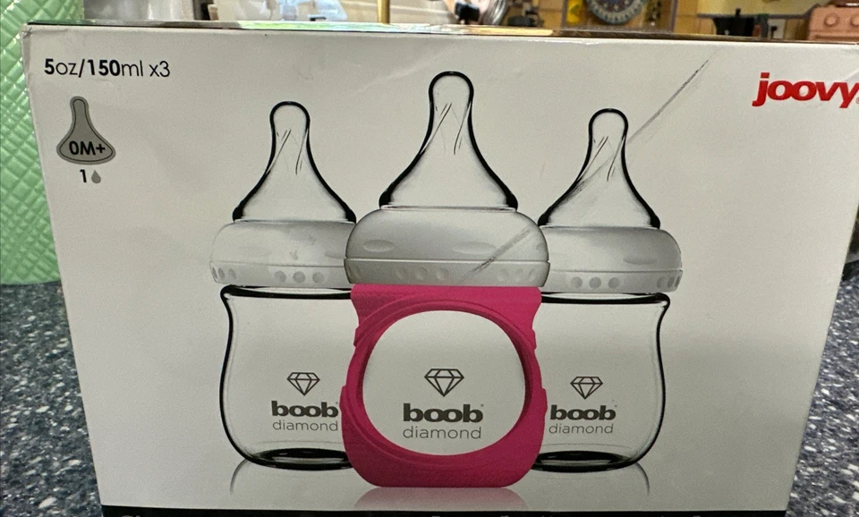 3 NEW Joovy CleanFlow Boob Diamond Glass Baby Bottles 5oz  Pink Sleeve 0+ month - Image 1 of 1