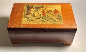 Fox Hunt Scene Wooden Trinket Keepsake Box 8x4.75x3.5 w/Lid Vintage - Picture 1 of 14