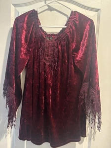 Melissa Paige Top 3/4 Sleeve Velvet Fringe Boho Scoop Stevie Nicks Womens Sz M - Picture 1 of 11