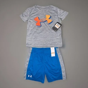 Neu mit Etikett Under Armour Jungen Größe 3 T-Shirt & Shorts Set, Stahl | Orange | Blau - Bild 1 von 3