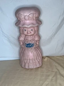 Vintage AJ Renzi 16" Tall Pink Flower Girl Plastic Blow Mold Coin Bank - Picture 1 of 13