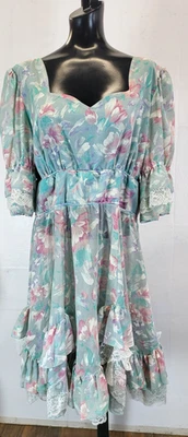 Винтажный квадрат танец платье ручной работы 80-х зеленый синий розовый цветочный XL/2XL? - Изображение 1 из 4