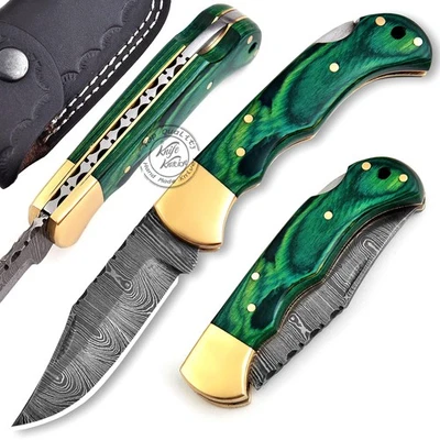 Green Wood 6.5'' 100% Handmade Damascus Steel Folding Pocket , Hunting , Outd... - Image 1 of 4
