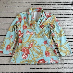 J. Mclaughlin Women's Size Medium Ocean Rope Shells Starfish Faux Wrap Blouse - Picture 1 of 7