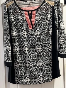 Roz & Ali Damen schwarz geometrisches Muster Pullover Schlüssellochausschnitt 3/4 Ärmel Tunika Medium - Bild 1 von 16