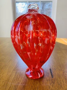 Orange-Red, White Splattered Hand Blown Glass Hanging Decor Hummingbird Feeder - Picture 1 of 16