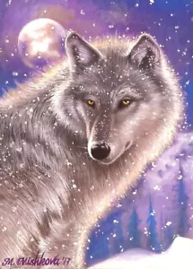 Limitierte Auflage ACEO DRUCK Wolf Winter Wildtier Schneewald Vollmond M Mishkova - Bild 1 von 1
