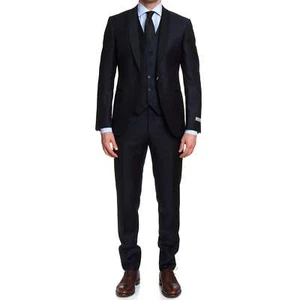 CANALI 1934 Blue Jacquard Wool 3 Piece Shawl Collar Formal Suit EU 50 US 40 Slim - Picture 1 of 12