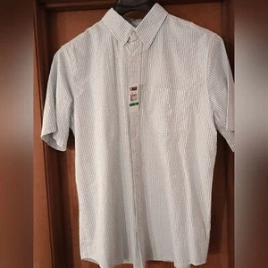 NWT Vintage Light Blue Large Chaps Striped Seersucker Short Sleeve Shirt - Picture 1 of 14