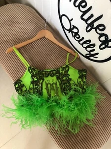 Green Sequin Ostrich Feather Crop Top - Picture 1 of 2