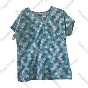 J I T Scrubs Womens Top Size Medium Hearts Blue Green Two Patch Pockets - Picture 1 of 8