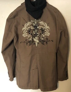 EXPRESS MENS Khaki Blazer Jacket Hoodie w/ Fleur De Lis Crest on Back Sz. Medium - Picture 1 of 9