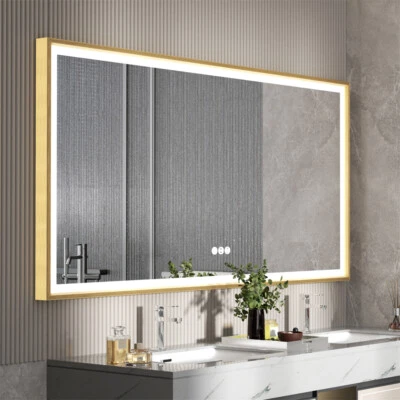 Espejos de pared grandes LED dorados para tocador de baño regulables memoria antiniebla con enchufe Foto 1 de 4