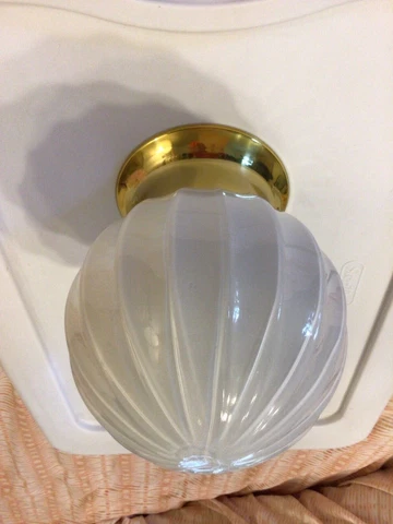 Vintage MCM Hollywood Regency Ribbed Ball White Glass Globe &Brass Light Fixture Cover