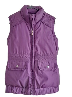 Chaleco Juicy Couture PÚRPURA Plisado Flecos Ribete Pluma Cremallera Bolsillo Talla 14 Foto 1 de 4