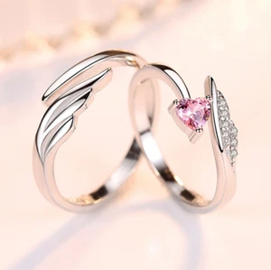 Silver Love Pink Heart Cubic Zirconia Promise Couple Pair Adjustable Ring R36 - Picture 1 of 6