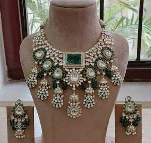Indian Bollywood Bridal Fashion Jewelry Set Dark Green Emerald Kundan Necklace - Picture 1 of 5