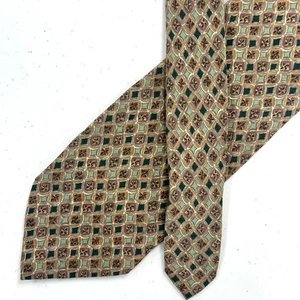 Vintage Valentino Italy Men's Green Brown Geometric Pattern Silk Neck Tie - Picture 1 of 9