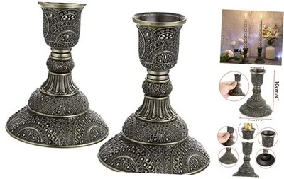  Set of 2 Taper Candle Holders Vintage Metal Pillar Candlestick Antique Bronze - Image 1 of 4