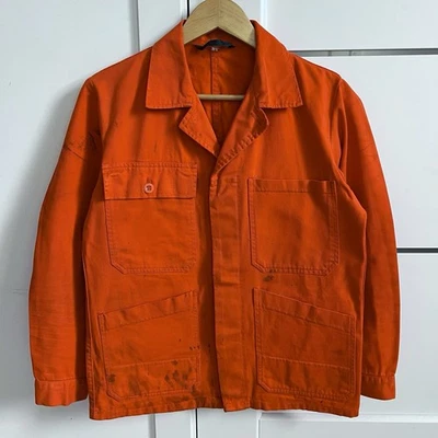 Chaqueta Francesa Vintage Ferrocarril Envejecida Muy Usada Naranja Desteñida Algodón Funciona Foto 1 de 4