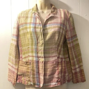 Pendleton 100% Linen Pink Green Blue Plaid Blazer Women’s M Medium Long Sleeve - Picture 1 of 21
