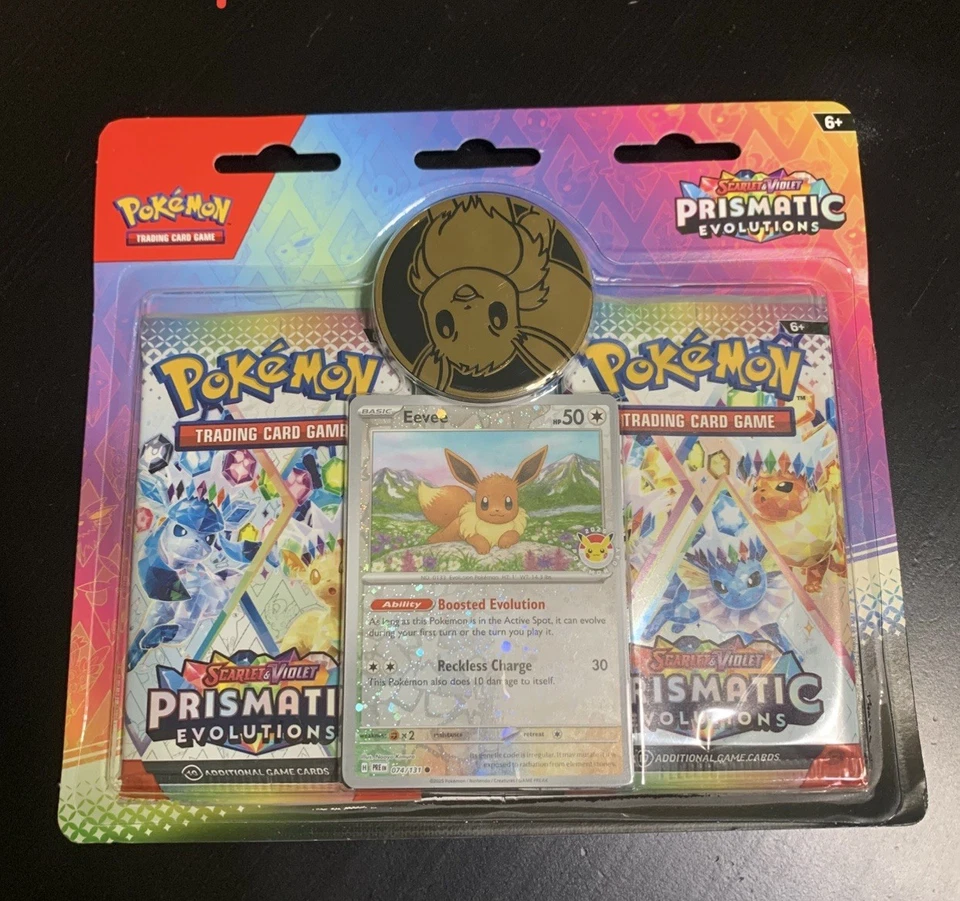 Pokemon Prismatic Evolutions pacote com 2 blisters com cartão promocional Eevee Pokemon Day 2025 - Imagem 1 de 1