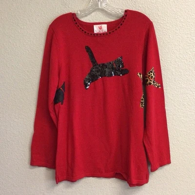 Quacker Factory Red Cat Sweater Sequin Fabric Appliqué Pullover Size Medium - Image 1 of 4