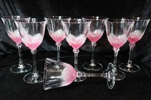 RARE CRYSTAL D'ARQUE FLORENCE FROSTED PINK TULIP 8 WATER GOBLETS 7 3/8" TALL - Picture 1 of 5
