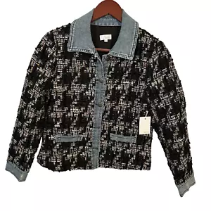 Ecru Black Multi Color Denim And Tweed Jacket Size PS Small - Picture 1 of 13
